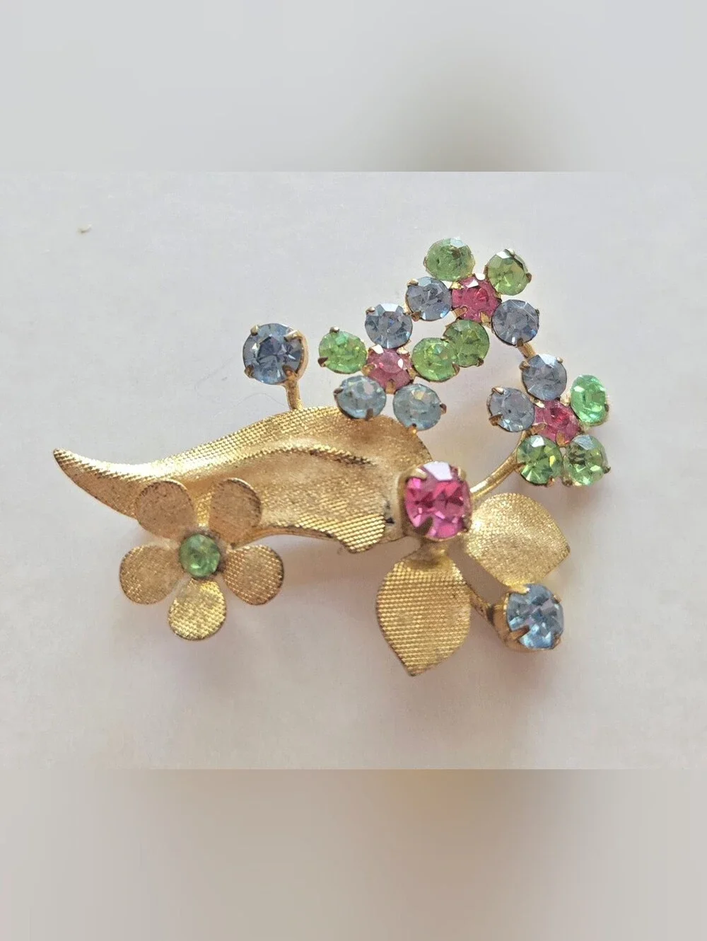 Vintage Flower Bouquet Brooch Multicolored Uranium Rhinestones Glows